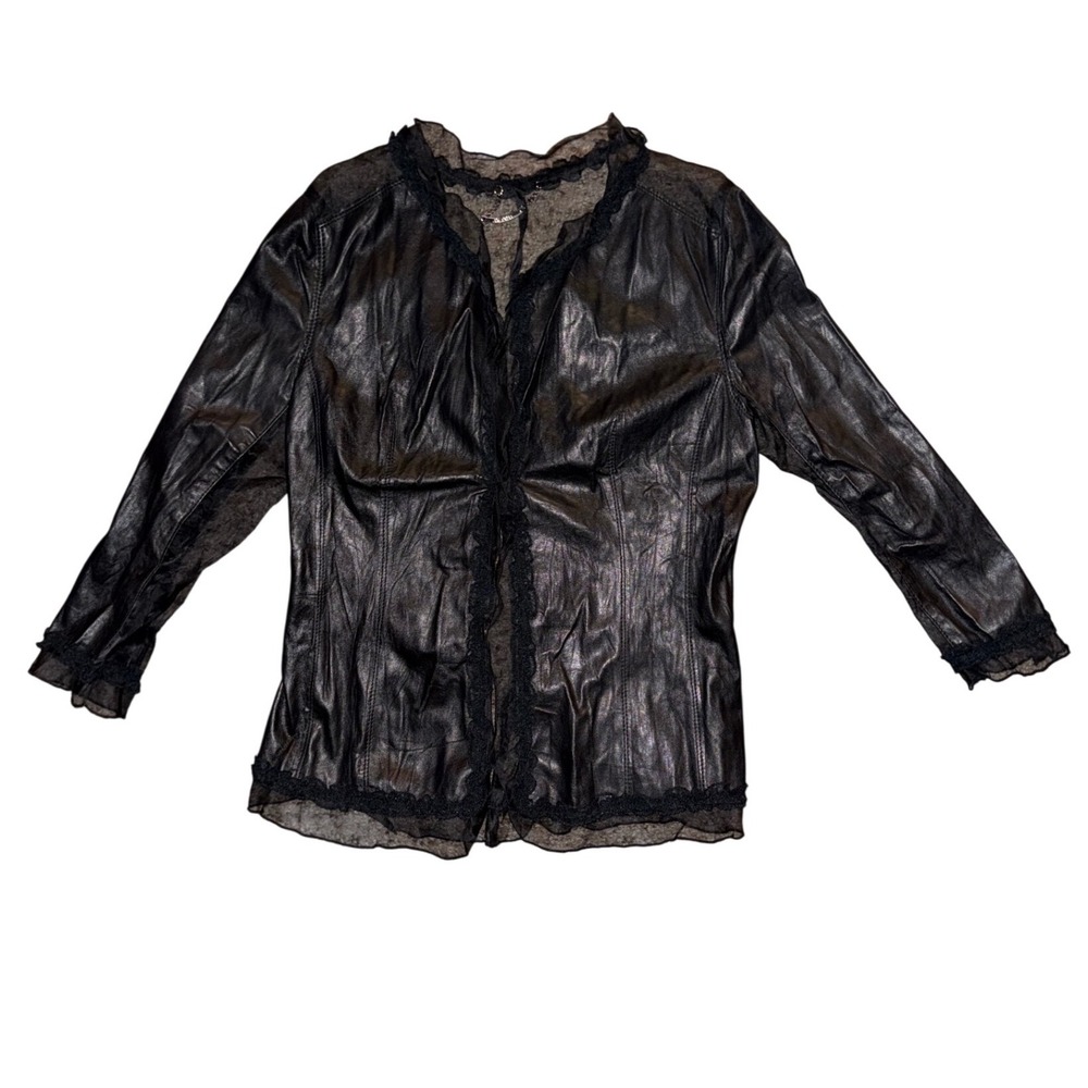 Amanda L&H Black Sheepskin Leather Silk‎ Mesh Lace Trim Open Jacket Size 38